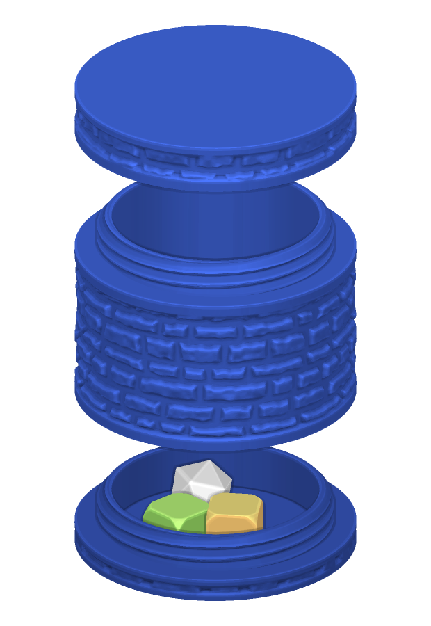 A dice holder pulled apart: a lid on top, a stone wall piece in the middle, and a plug cap at the bottom with three dice sitting in it